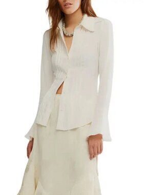 Free People Melrose Bell Sleeve Top Buttondown Collared Neck Shirt M